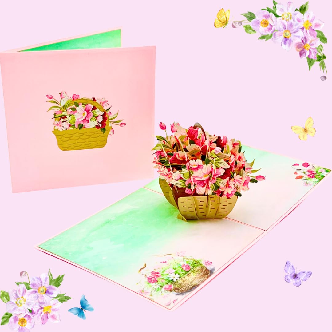 Three Dee Cards - Pink Daisy Flower Basket Mother’s Day Pop Up Card, 3D Mum Mother’s Day card, Pop Up Birthday, Anniversary, Thinking of you card