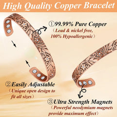 Cigmag 9X Lymphatic Drainage Copper Magnetic Bracelet for Women 99% Solid Pure Copper Ultra Strength Magnet Adjustable Brazaletes Cuff Bangle with Gift Box (Copper Crystal Plum Pattern)