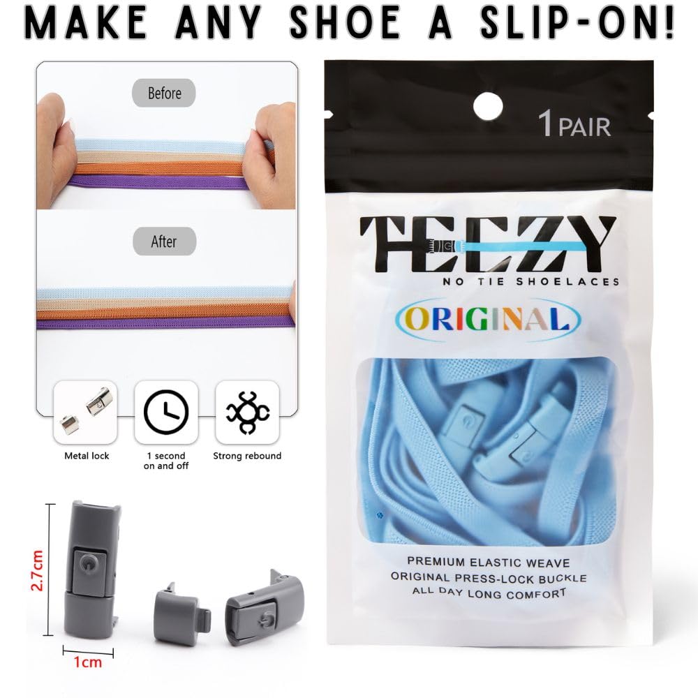 TEEZY No Tie Shoe Laces for Trainers   Premium Elastic Weave & Chrome Buckle   Adult/Kids Tieless Elastic Shoelaces   ORIGINAL (Light Grey)