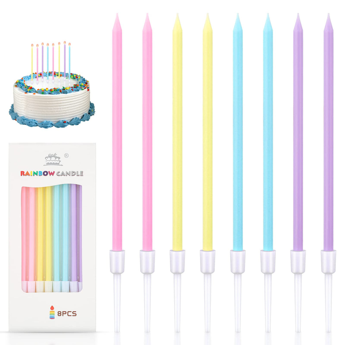 DONQL Birthday Cake Candles, 16Pcs Tall Pastel Cake Candles, Long Birthday Candles, Thin Cupcake Candles with Holders for Birthday Cake Baby Shower Cake Wedding Party Decoration