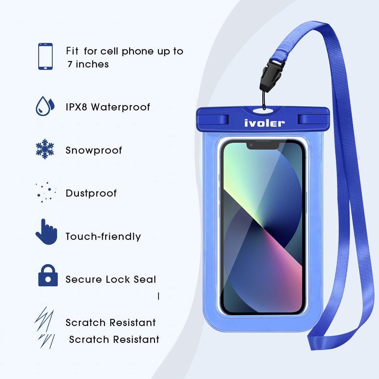 ivoler Waterproof Pouch Bag and Phone Case, Waterproof Case Dry Bag for Beach,Swim,Boating,Kayaking,Hiking,Protects Iphone Phone, Camera, Cash,Passport, Document from Water, Sand, Snow, Dust- Blue