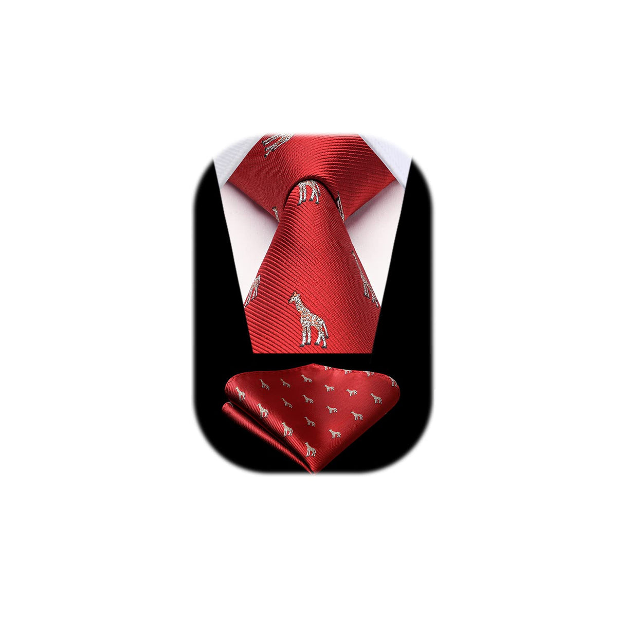 HISDERN Red Tie for Men Giraffe Pattern Ties Handkerchief Novelty Animal Print Wedding Necktie & Pocket Square Set