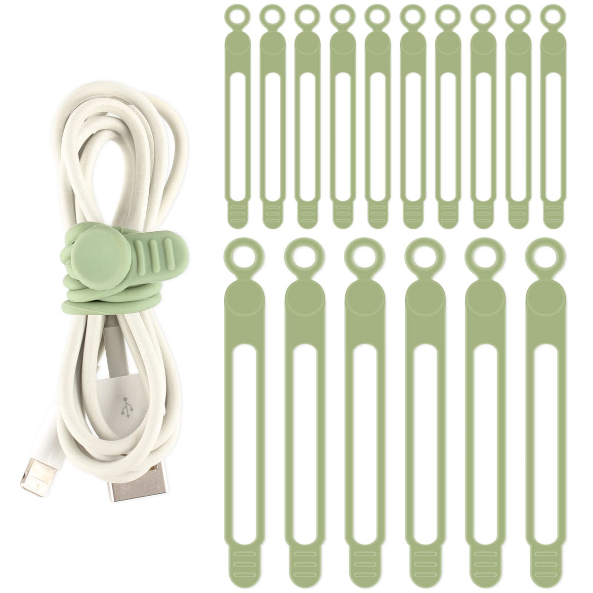 TamBee Cable Ties Reusable Silicone Cable Straps 16pcs Cable Wire Ties Cable Cord Organizers for Earphone Phone Charger Audio Cable Computer (Green-106mm 10pcs, 180mm 6pcs)