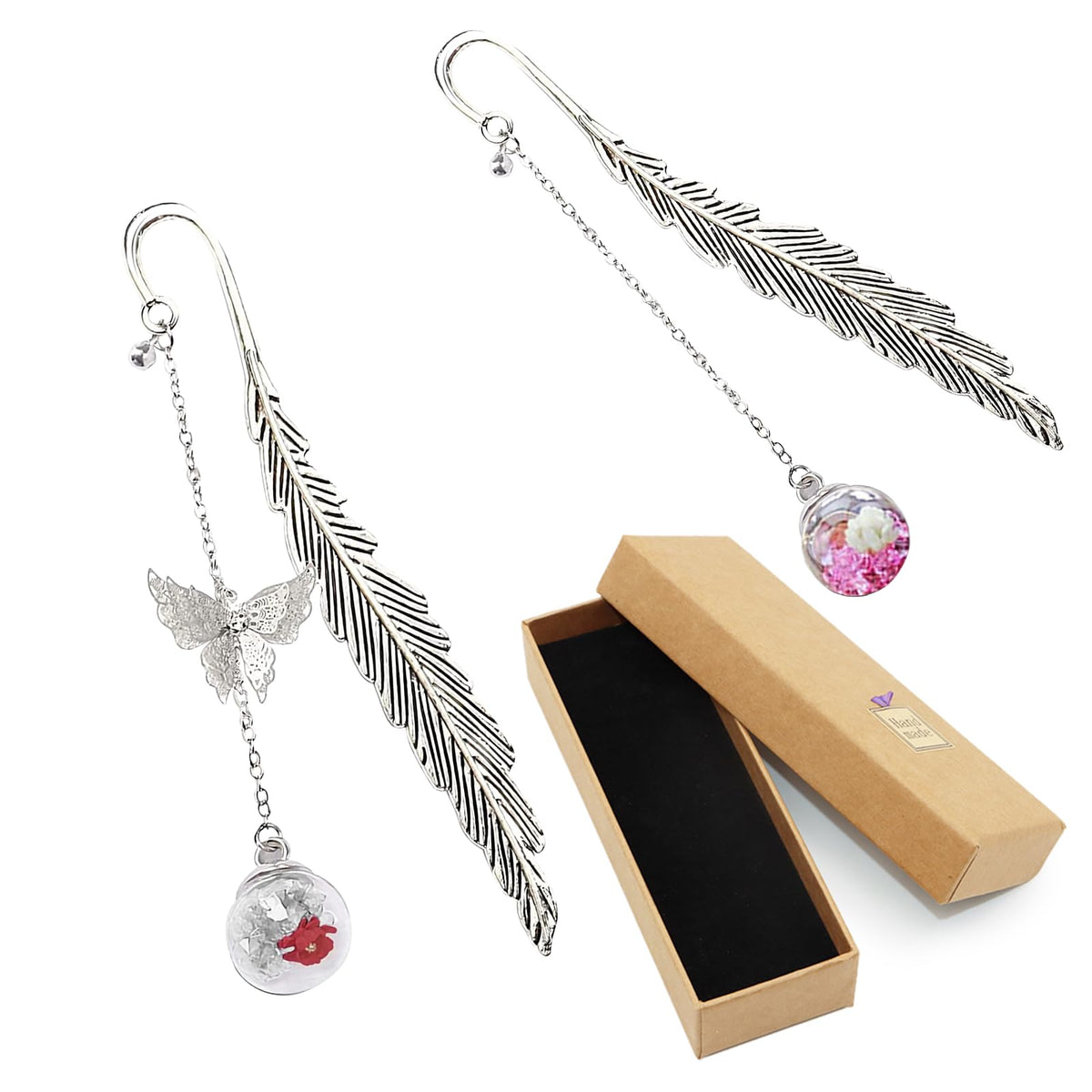 2 Pcs Metal Feather Bookmarks, VEGCOO Creative Vintage Bookmark with 3D Butterfly and Dry Flower Pendant, Classical Handmade Bookmarks for Women Men Boys Girls Students Readers (White and Pink)