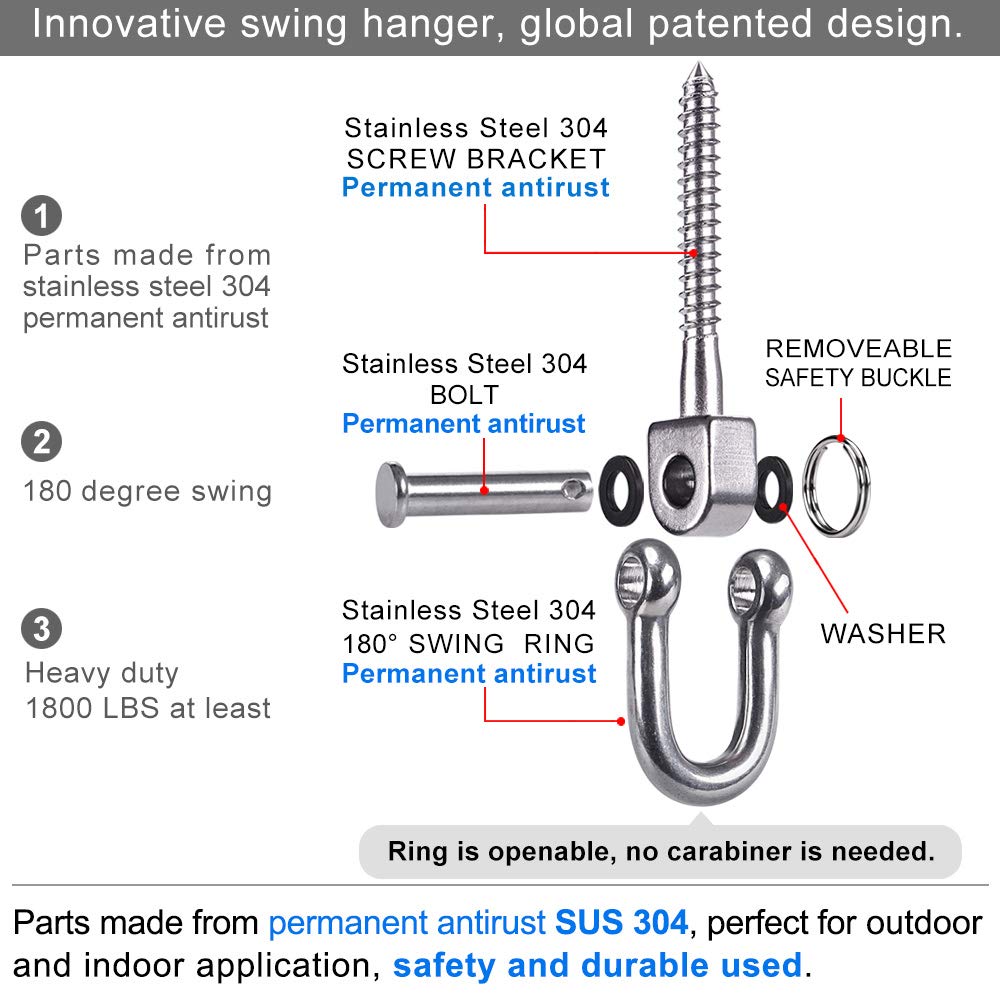 SELEWARE Swing Hangers 180° Swing Screw Set Brackets, SUS304 Stainless Steel 800 KG Capacity Hammock Hooks for Playground Yoga Hammock Rope Chair Sandbag Punching Bag Porch Swing Set (2 Pack)