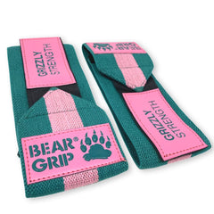 BEAR GRIP - Premium Heavy Duty Weight Lifting Wrist Wraps, Bodybuilding, Crossfit, Powerlifting, StrongMan (Green/Pink, 18 Inches)
