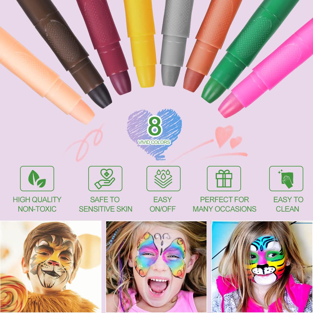 URAQT Face Paint Marker, 8 Colors Body Crayons Kit Non-Toxic Face Body Makeup Paint, Professional Face Paint Crayons for Kids Children, Face Paint Stick Set for Easter Cosplay Party Carnival
