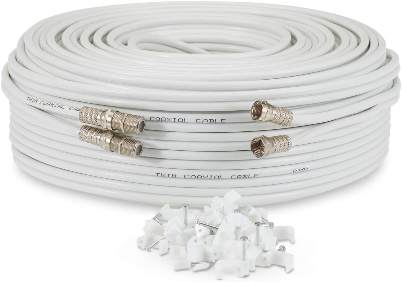 SSL Satellites 5 m Twin Satellite Shotgun Coax Cable Extension Kit with Fitted F Connectors for Sky HD Q and Freesat - White (5 Meter, White)