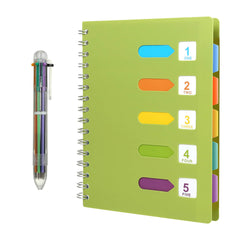 Kesote Lined Notebook Subject Notebook with Dividers Wirebound Notebook with Muticolor Pen 120 Pages A5 Journal with 5 Colored Tab & 6-in-1 Retractable Ballpoint Color Pen - Green