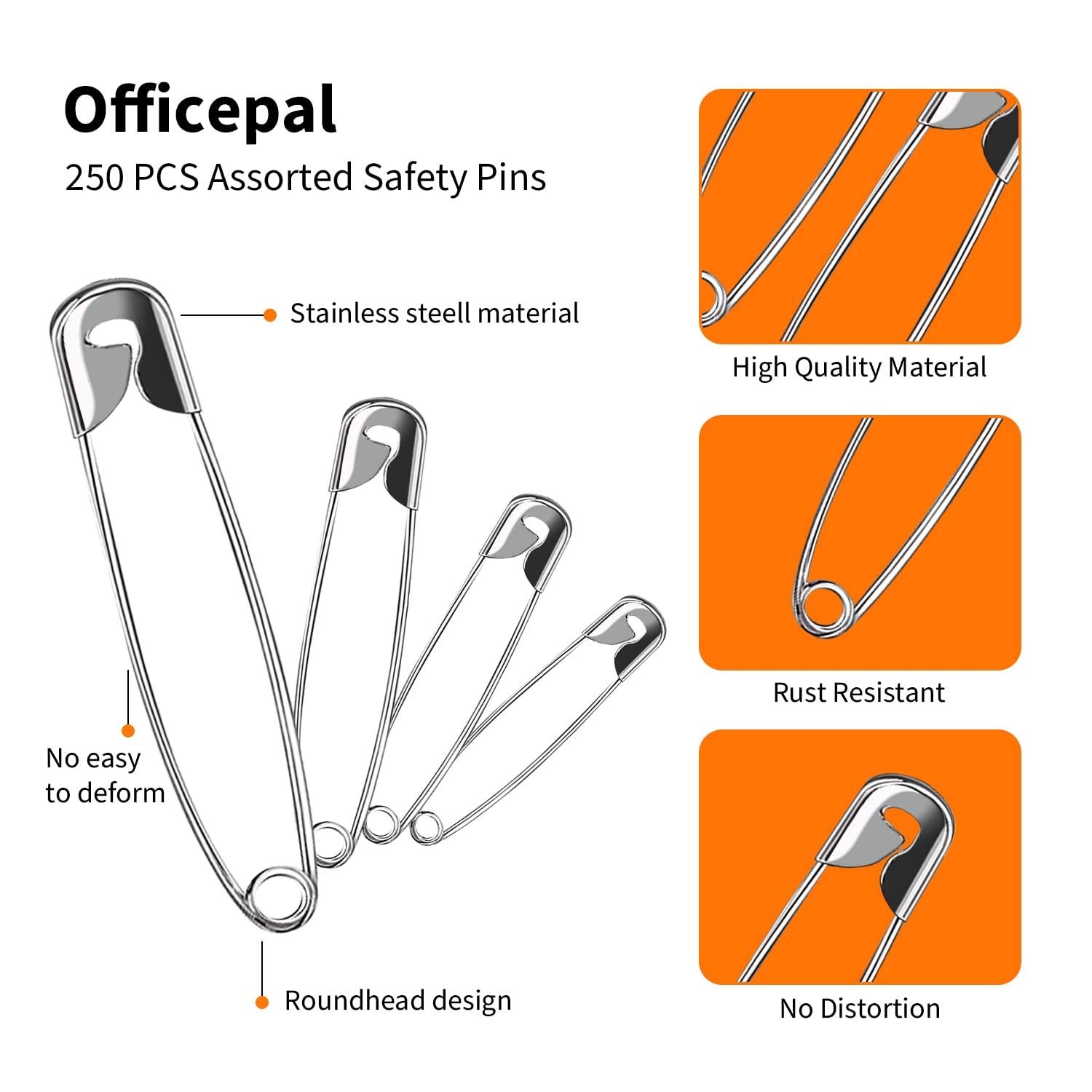 Officepal Premium Quality 4-Size Pack of Safety Pins- Top 250-Count – Durable, Rust-Resistant Nickel Plated Steel Set- Best Sewing Accessories Kit for Baby Clothing, Crafts, Arts (4-Size S)