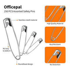 Officepal Premium Quality 4-Size Pack of Safety Pins- Top 250-Count – Durable, Rust-Resistant Nickel Plated Steel Set- Best Sewing Accessories Kit for Baby Clothing, Crafts, Arts (4-Size S)