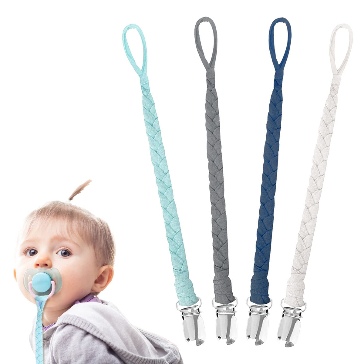 4 Pack Dummy Clip, BPA Free Dummy Clip Boys Cotton Dummy Clips for Baby Braided Pacifier Clips for Newborn Boys Girls Essentials Baby Teething Shower Clips