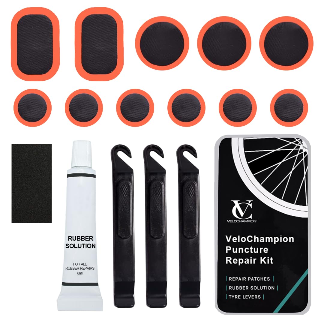 VeloChampion Glue Bike Tyre Puncture Repair Kit with Rubber Solution and Storage Case for All Bicycles; Road, Mountain, Commuter Bikes. 11 Repair Patches. 3 Tyre Levers