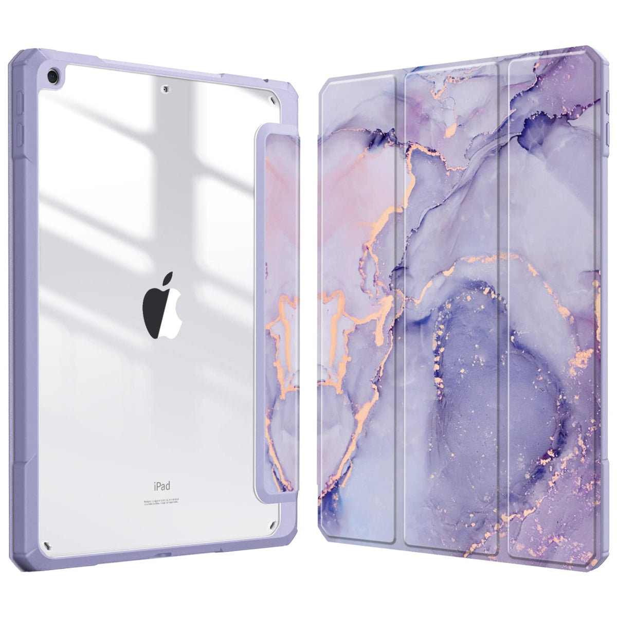 FINTIE Hybrid Case Compatible with iPad 9th/8th/7th Generation (2021/2020/2019 Model, 10.2 inch) - Shockproof Cover with Clear Back Shell w/Pencil Holder, Auto Wake/Sleep, Lilac Marble