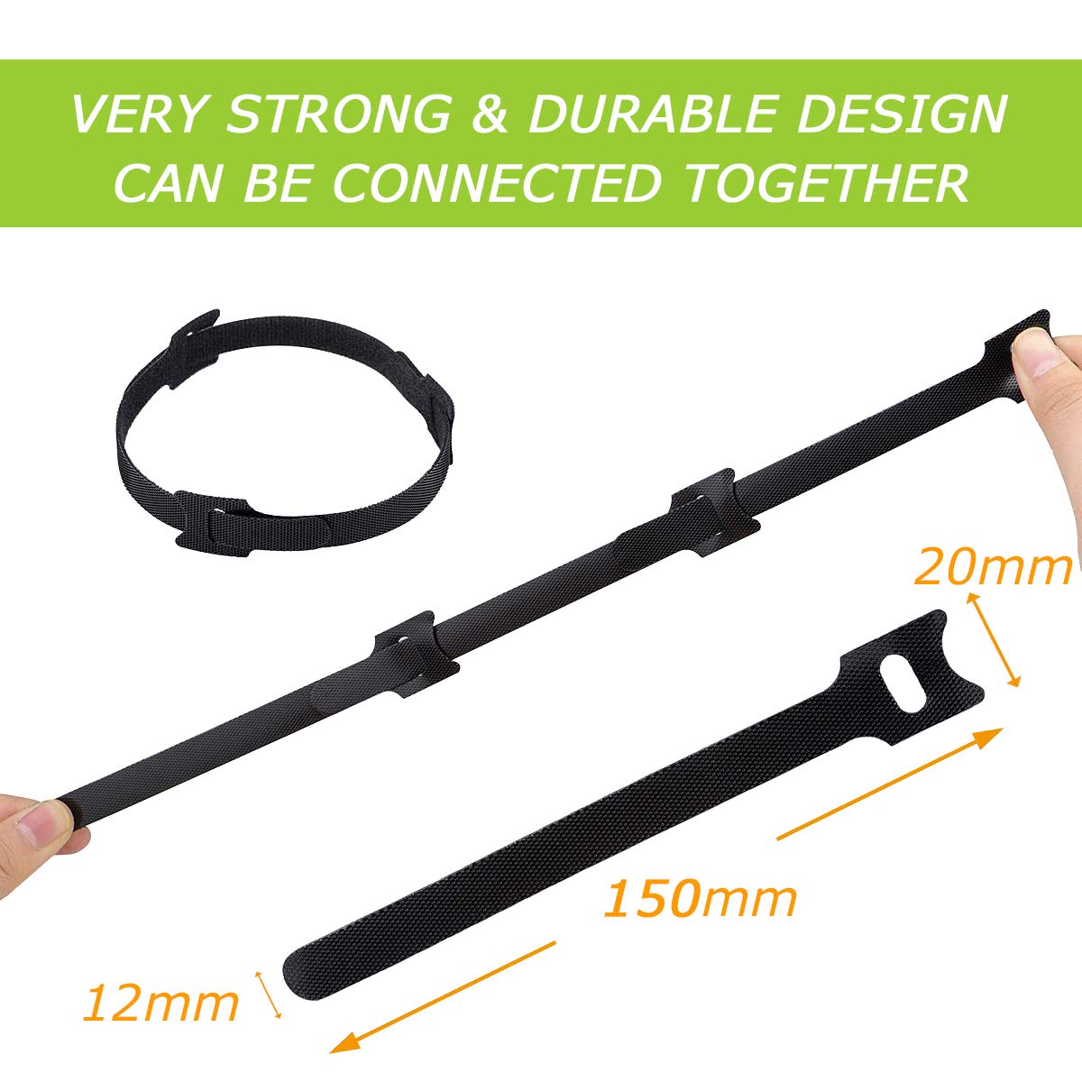 100 x Black Adjustable Reusable Cable Straps, Hook and Loop , Long Cable Ties