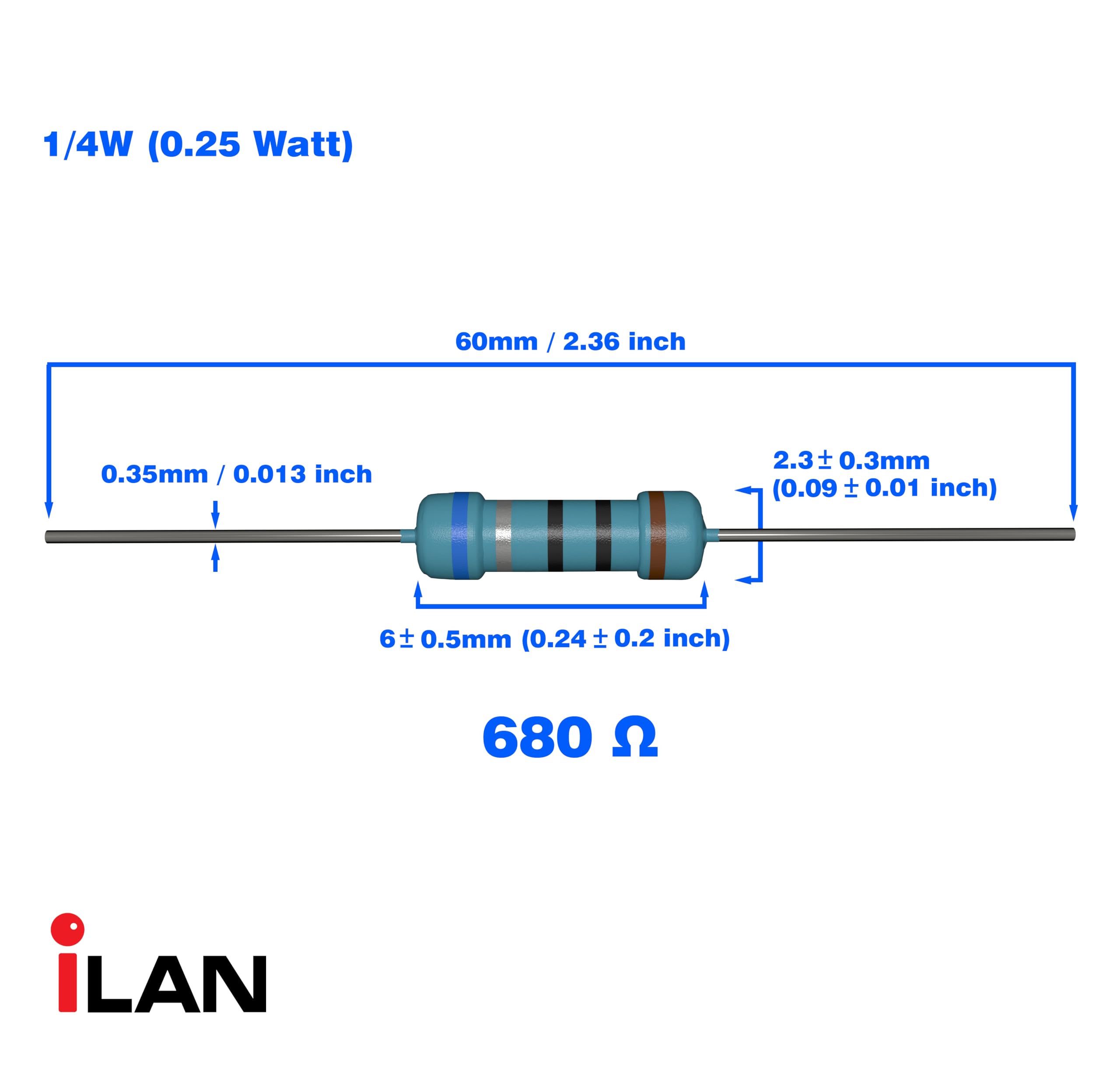 iLAN 100pcs 680 ohm Resistor 1/4w (0.25 Watt) ±1% Tolerance Metal Film Fixed Resistor (680 ohm)