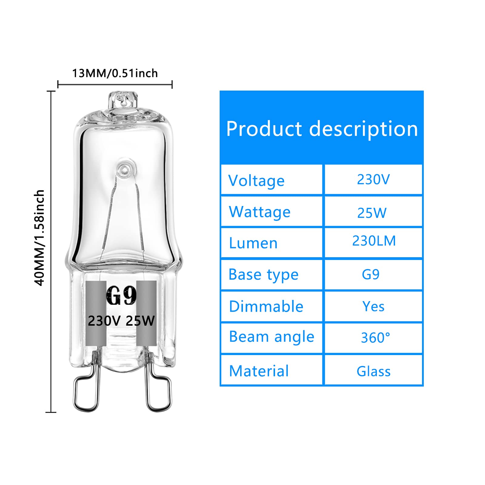 G9 Oven Bulbs 25W Clear Halogen Lights 230V 300℃，Pack of 6