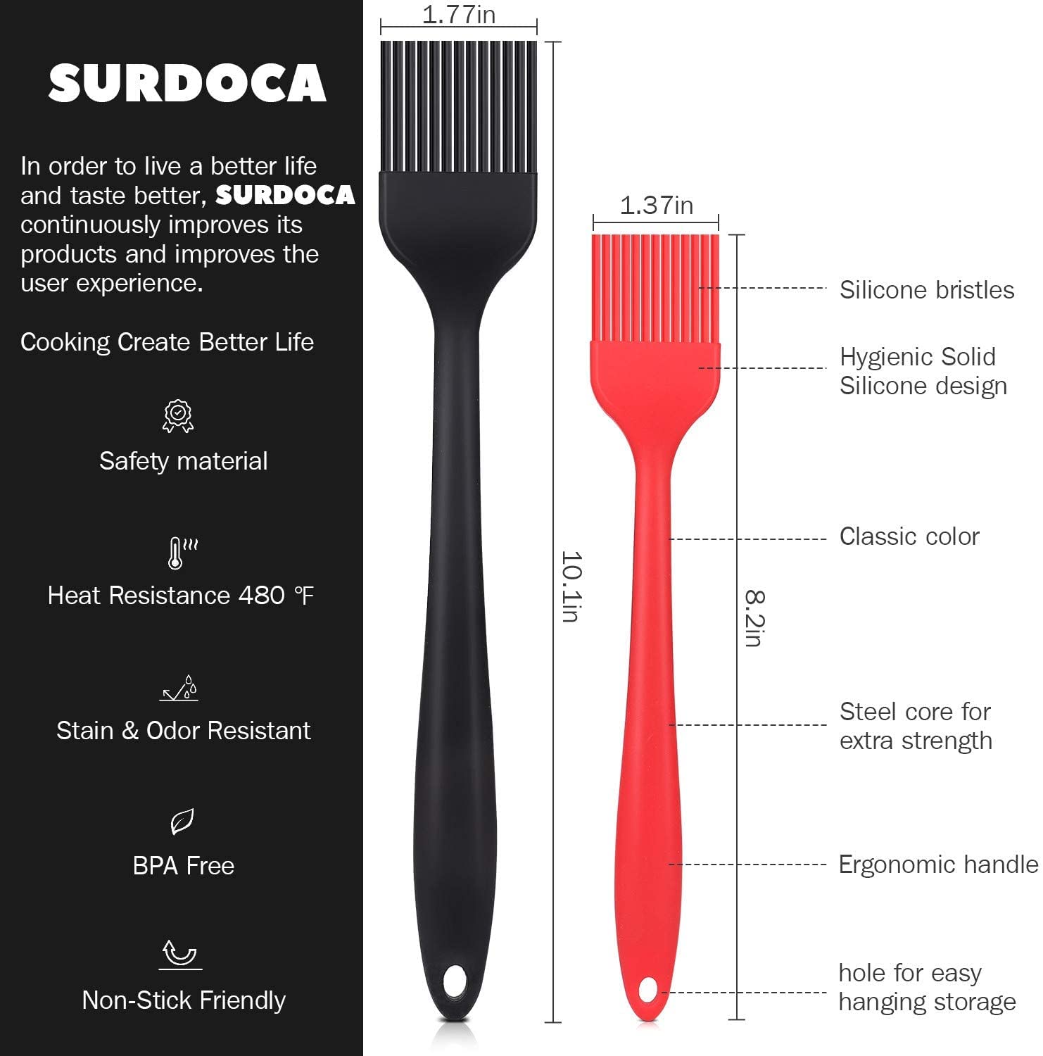 SURDOCA Silicone Pastry Basting Brush - 2Pcs 10 and 8 in Heat Resistant Brush for Baking Cooking Food, BPA Free Kitchen Brush for Sauce Butter Oil, Stainless Steel Core Design for Barbecue BBQ Grilling