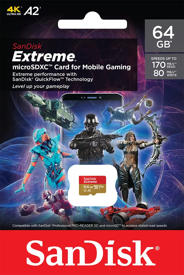 SanDisk 64GB Extreme microSDXC card for Mobile Gaming, up to 170MB/s, with A2 App Performance, UHS-I, Class 10, U3, V30