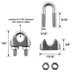 QWORK® Wire Rope Clip M4, Cable Clamps, 304 Stainless Steel Wire Rope Clamps, Stainless Steel Rope Grips, for Ø 4mm Wire Rope Cable, 10PCS