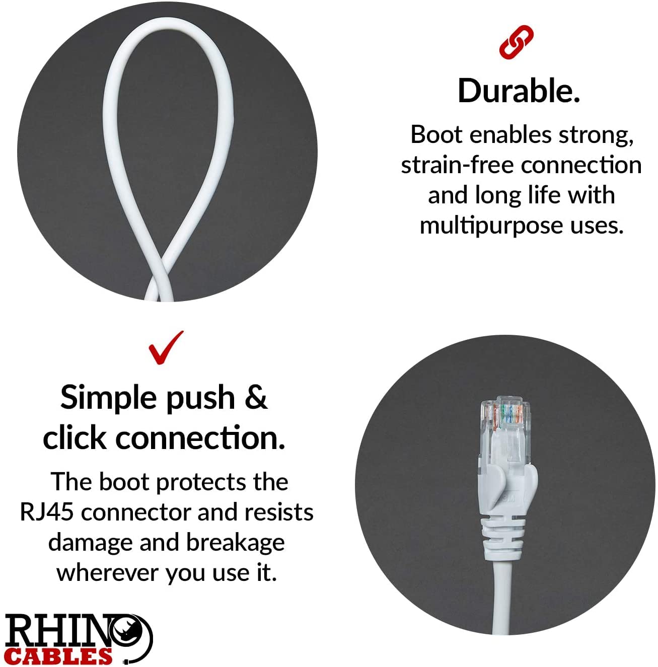 rhinocables CAT5e High-Speed Ethernet Patch Network Cable for LAN — Snagless Cable with RJ45 Connector Lead — Ideal for Internet, Router, Modem, Smart TV, PC & Laptop (3m, White)