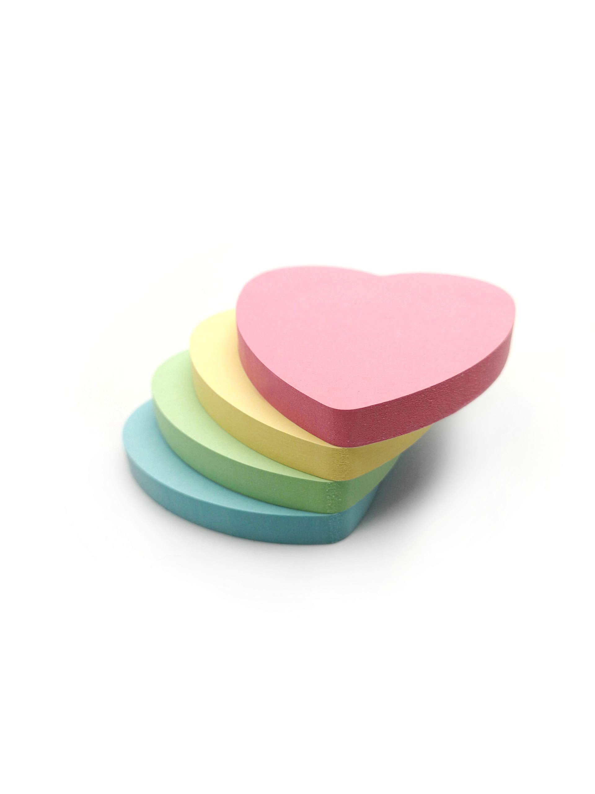 400 Heart Shaped Sticky Notes - Pastel Colours (76x76mm) - Colourful Removable Adhesive Memo Pads in Blue, Pink, Green, Yellow   Set of 4 Pads (100 Sheets Each)   Office, Home & School Use - 4 Packs