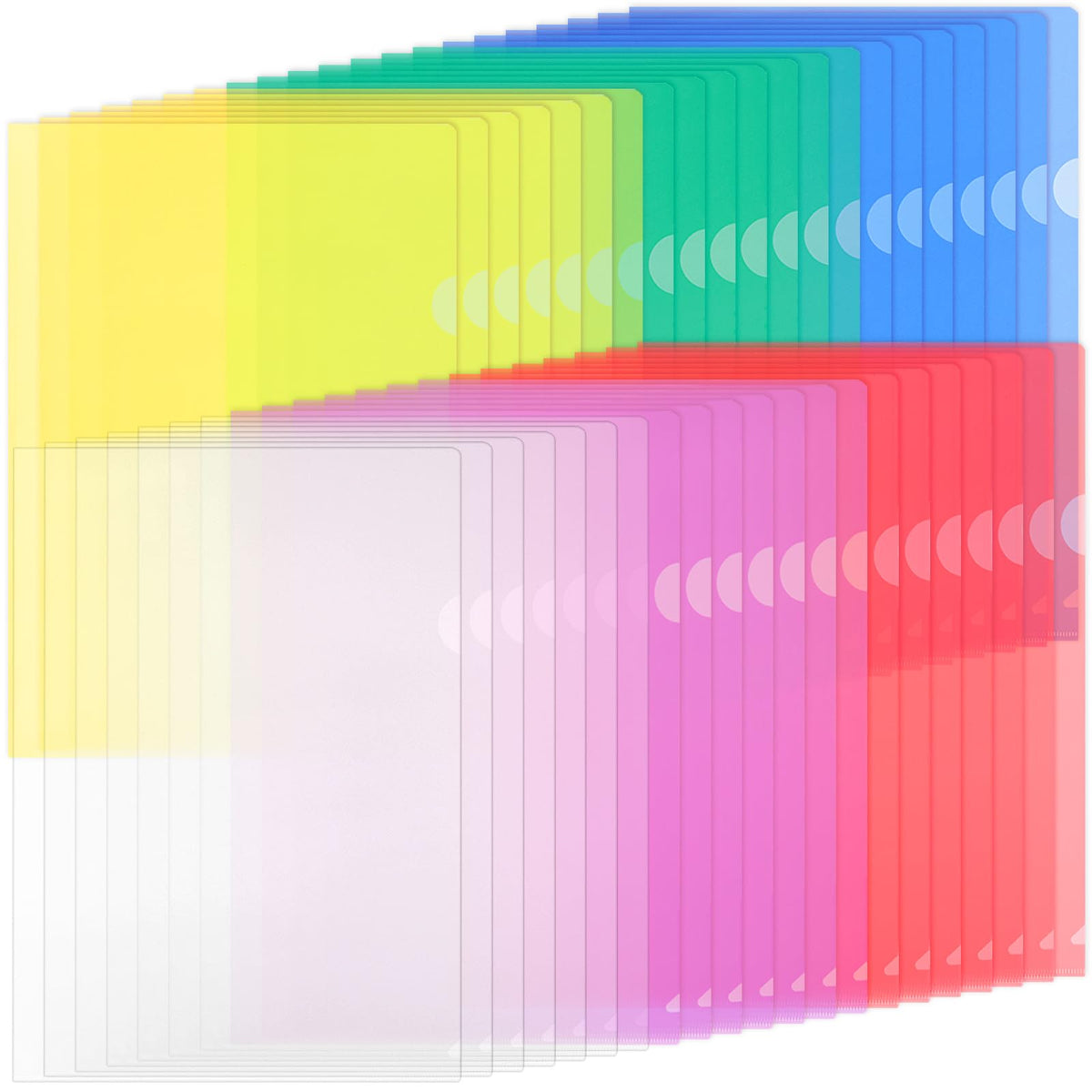 ZCZN A4 Plastic Folders, 42pcs Plastic Sleeves, Clear Open Top & Side Cut Flush File Cover, Bright Transparent Assorted Colours, Pack of 42