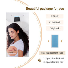 AGMITY Tape in Hair Extensions 100% Remy Human Hair Jet Black 22 inches 20pcs 50Gram Invisible Straight Thick Real Human Hair Tape in Extensions(22 inches #1 Jet Black)