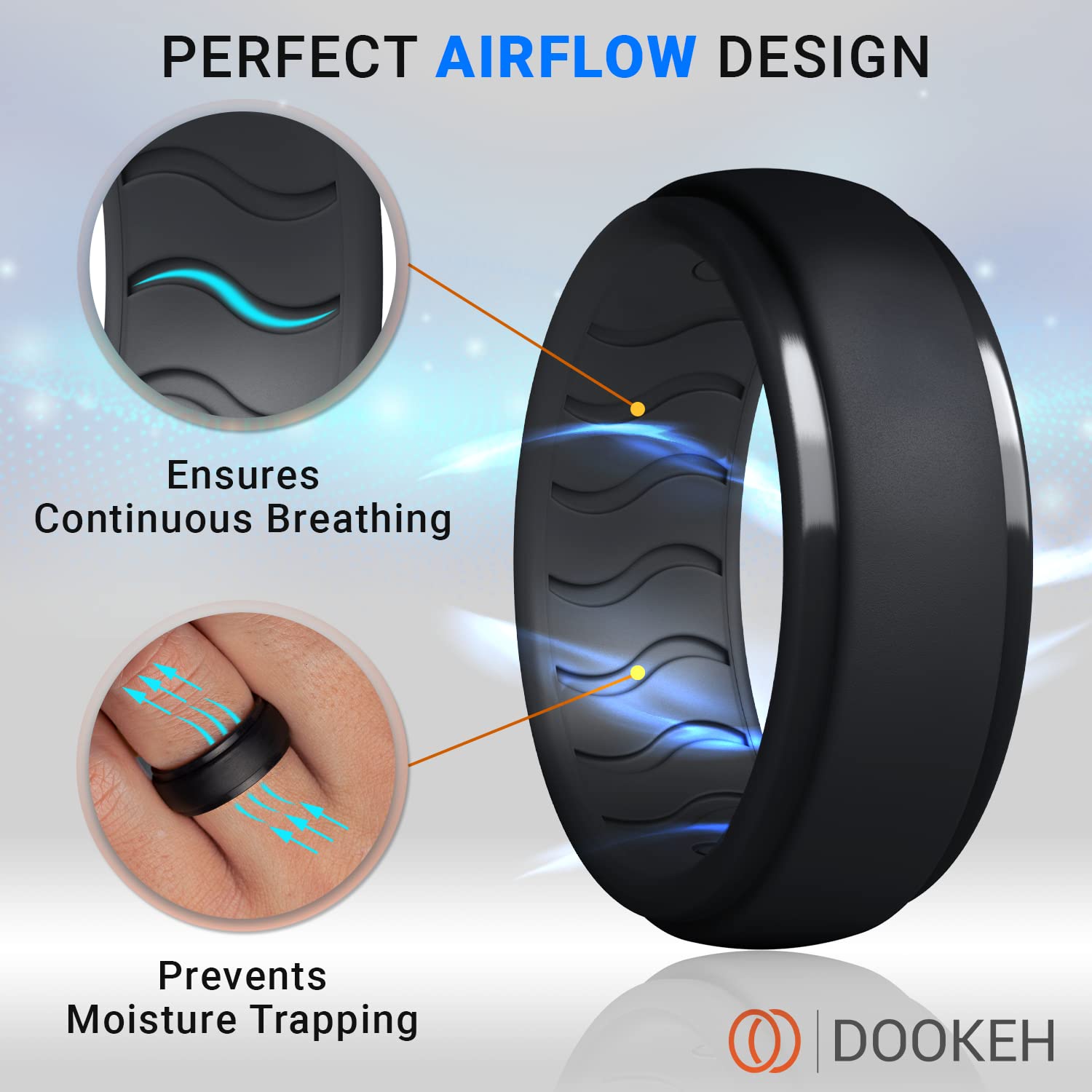 Dookeh Silicone Wedding Ring for Men - Mens Silicone Wedding Band - Breathable Skin Safe Improved Design for Crossfit Workout Swimming Firefighters Military (8-Black, LGray, Gray, DGray, Blue, 9)