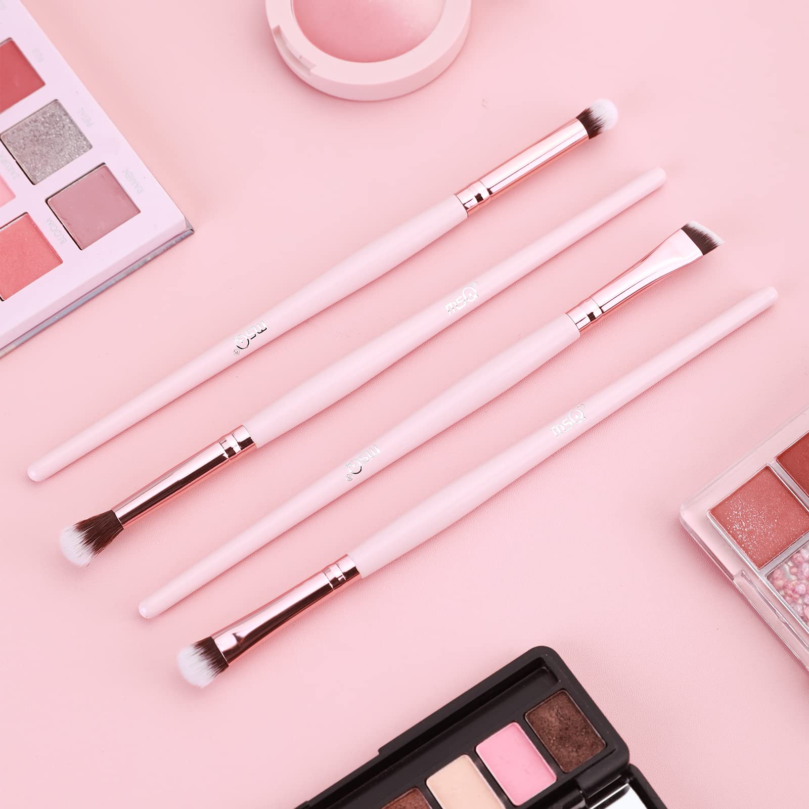 MSQ 4pcs Pink Eye Shadow Makeup Brush Set Pro Eye Contour Kit with Soft Synthetic Hairs for Eyeshadow Eyebrow Makeup Cream Powder Highlighter Brush