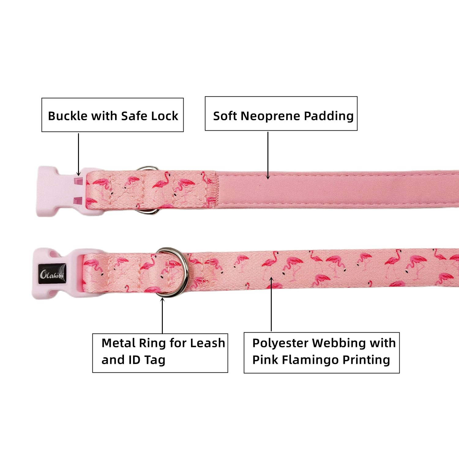 Olahibi Soft and Comfortable Neoprene Padded Polyester Basic Dog Collar Flamingo Pattern for Large Dogs(L, Flamingo Pink)