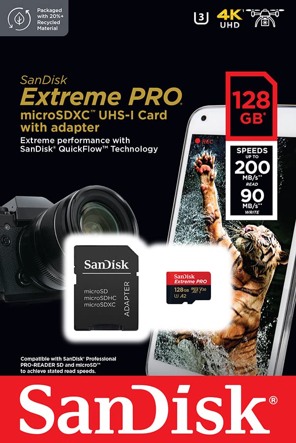 SanDisk 128GB Extreme PRO microSDXC card and SD adapter and RescuePro Deluxe, up to 200 MB/s, with A2 App Performance, for smartphones, action cameras or drones UHS-I Class 10 U3 V30