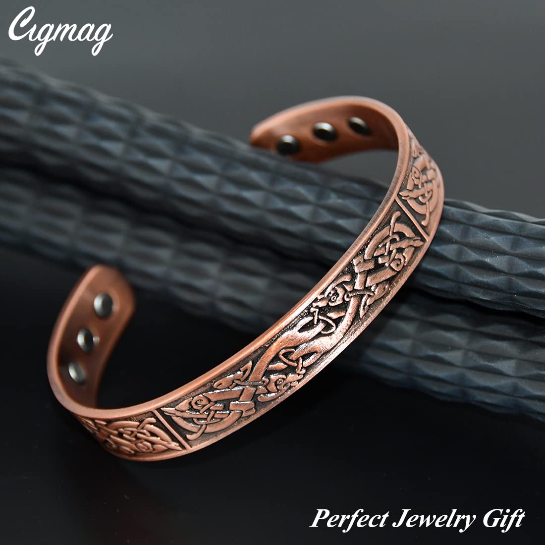 Cigmag Copper Magnetic Bracelets for Men Ultra Strength Magnet 99% Solid Pure Copper Cuff Bangles Adjustable Brazaletes with Gift Box for Father's Day & Birthday (Copper Viking Ireland Pattern)