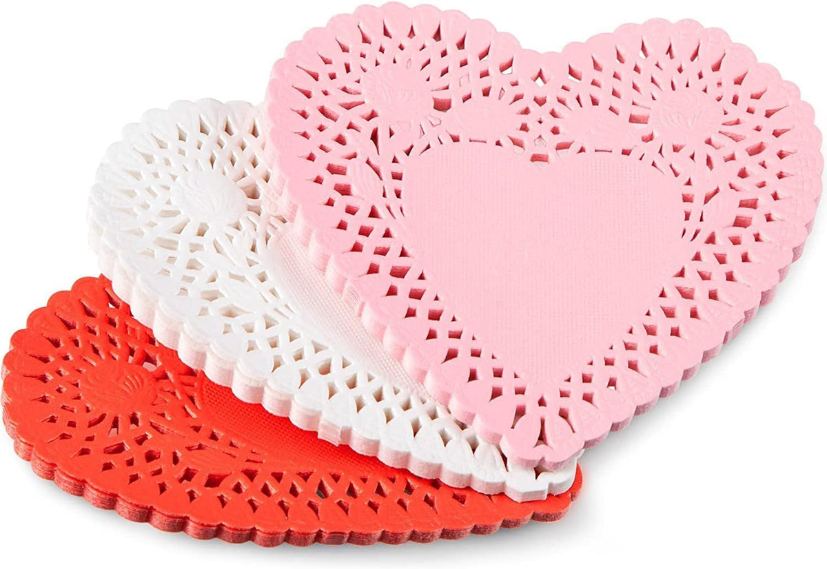 Happium 100 pcs Valentine Heart Doilies 3 Colour Heart Shape Paper Cake Decorating Pads Lace Paper Doily for Valentine's Day Decoration Craft Party (Red, Pink, White)