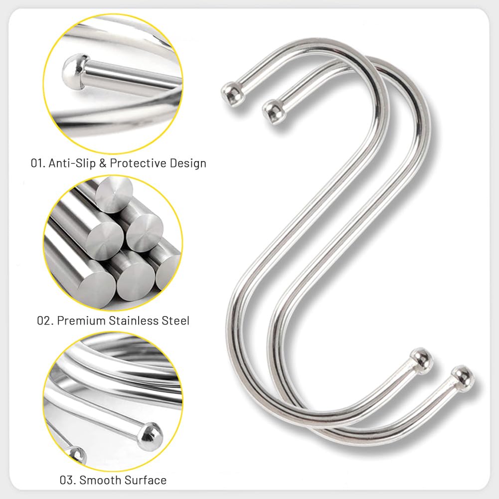 DONJIM 30-Pack S Hooks for Hanging, Stainless Steel S Shape Metal Hooks, Multipopused S Hanging Hooks for Kitchen, Bathroom, Shop, 9.5cm