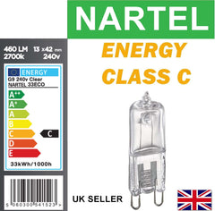 Nartel Pack of 10 x G9 33W=40W 240V Dimmable 460 Lumen C Rated Safety Fused Halogen Clear Bulbs Lamps Capsules