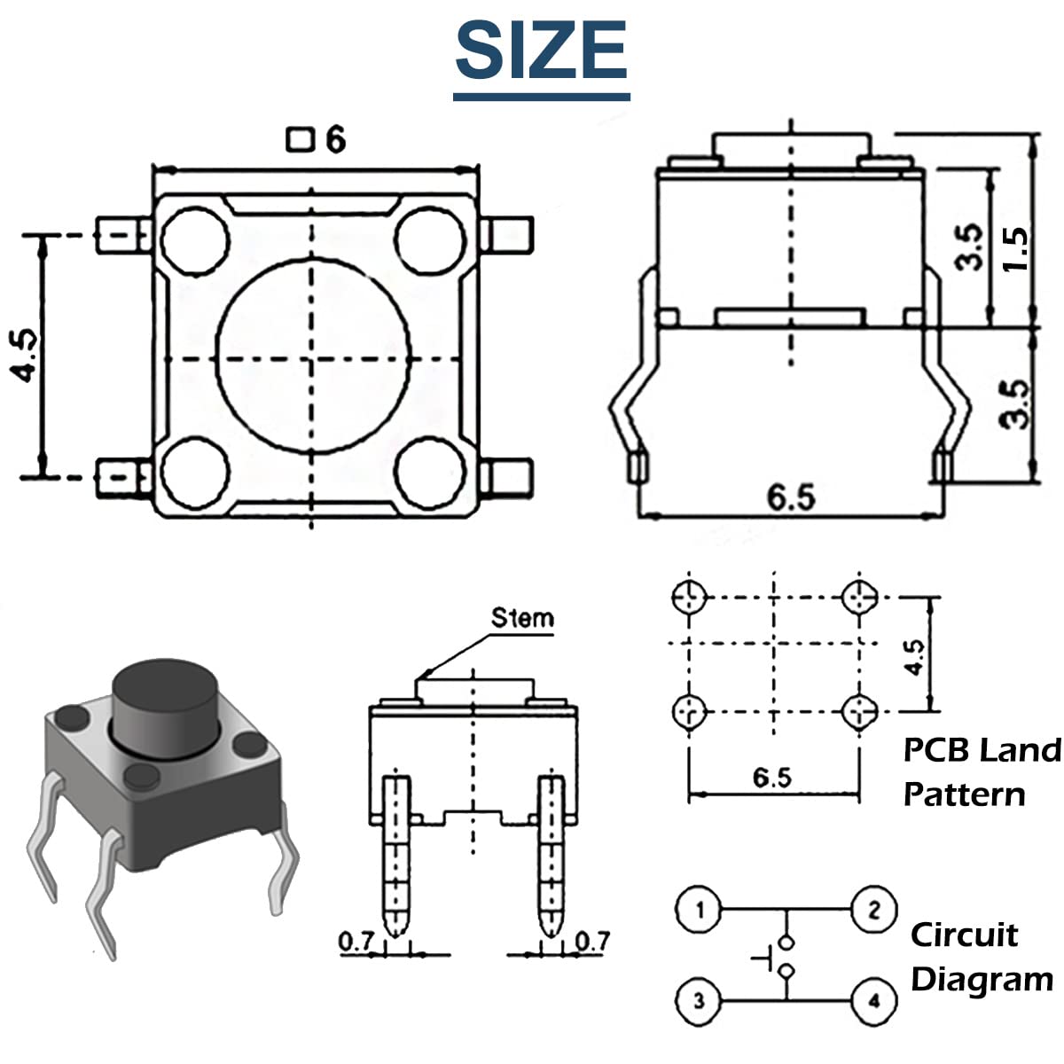 DAOKAI 100PCS Tactile Tact Push Button 4Pin 6x6x5mm Vertical Momentary Switch Miniature Button Electronic Components for Panel PCB