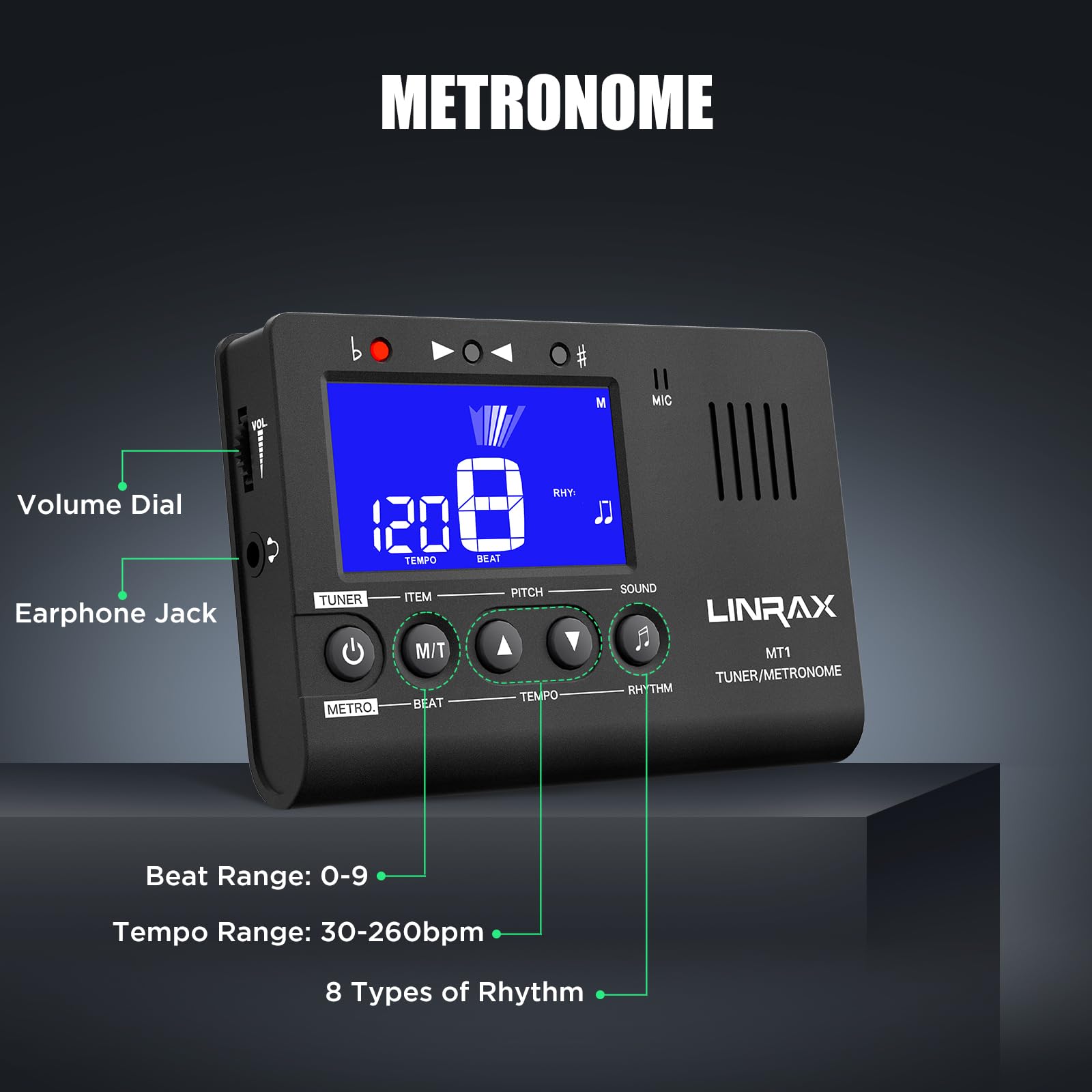 Linrax MT1 Metronome Tuner, 3 in 1 Digital Metronome Tuner Tone Generator for Guitar Bass Ukulele Violin Saxophone Trumpet Clarinet Flute, Precise Tempo and Beat, Chromatic Tuner for All Instruments