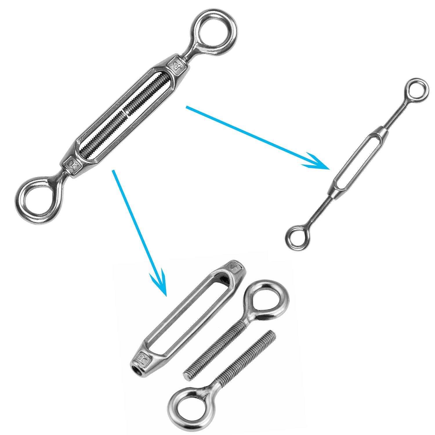 HSEAMALL 10 PCS M4 Turnbuckle Eye and Eye,304 Stainless Steel Turnbuckles Strainer Wire Tensioner Rope Cable Tension