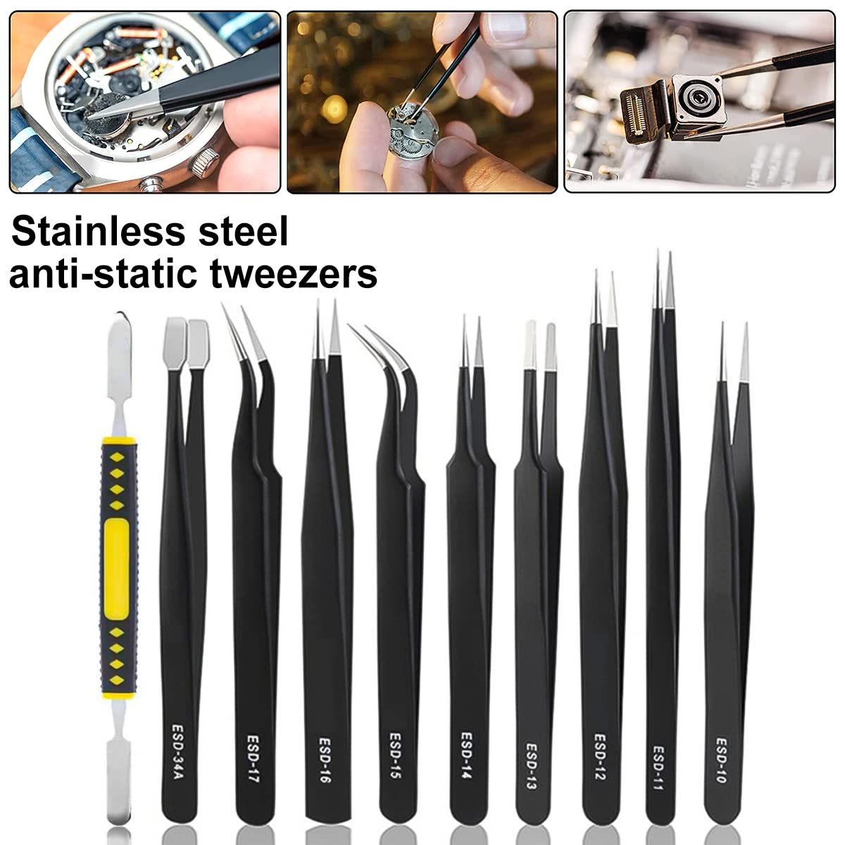 Precision ESD Tweezers Set, Anti-Static Stainless Steel Tweezers Set Kit Perfect for Electronics, Craft, Jewellery, Soldering, Laboratory Work and Detailed Work 10pcs