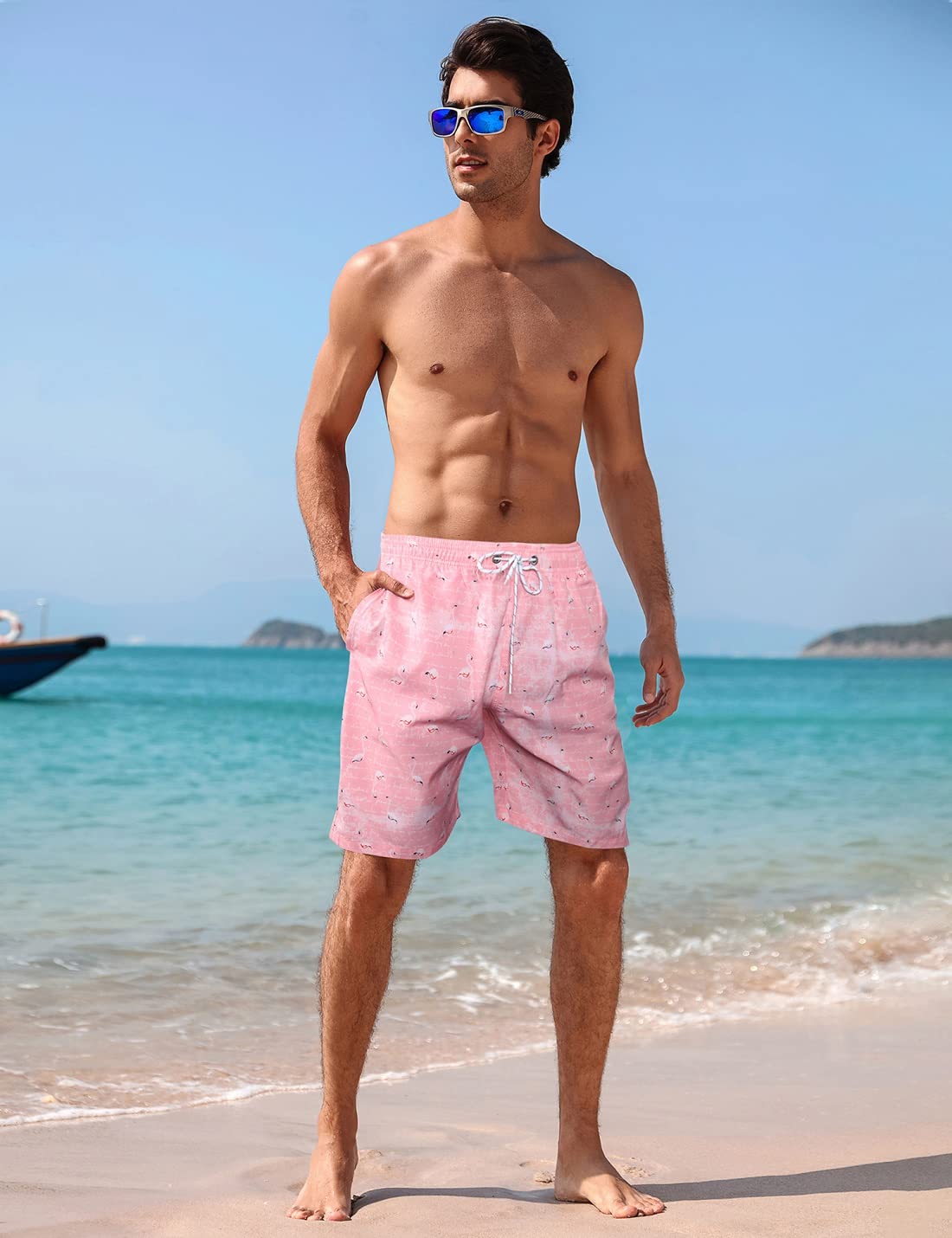 iCKER Mens Swim Shorts Swimming Trunks 3D Print Beach Shorts Boardshorts for Summer Pink Flamingo