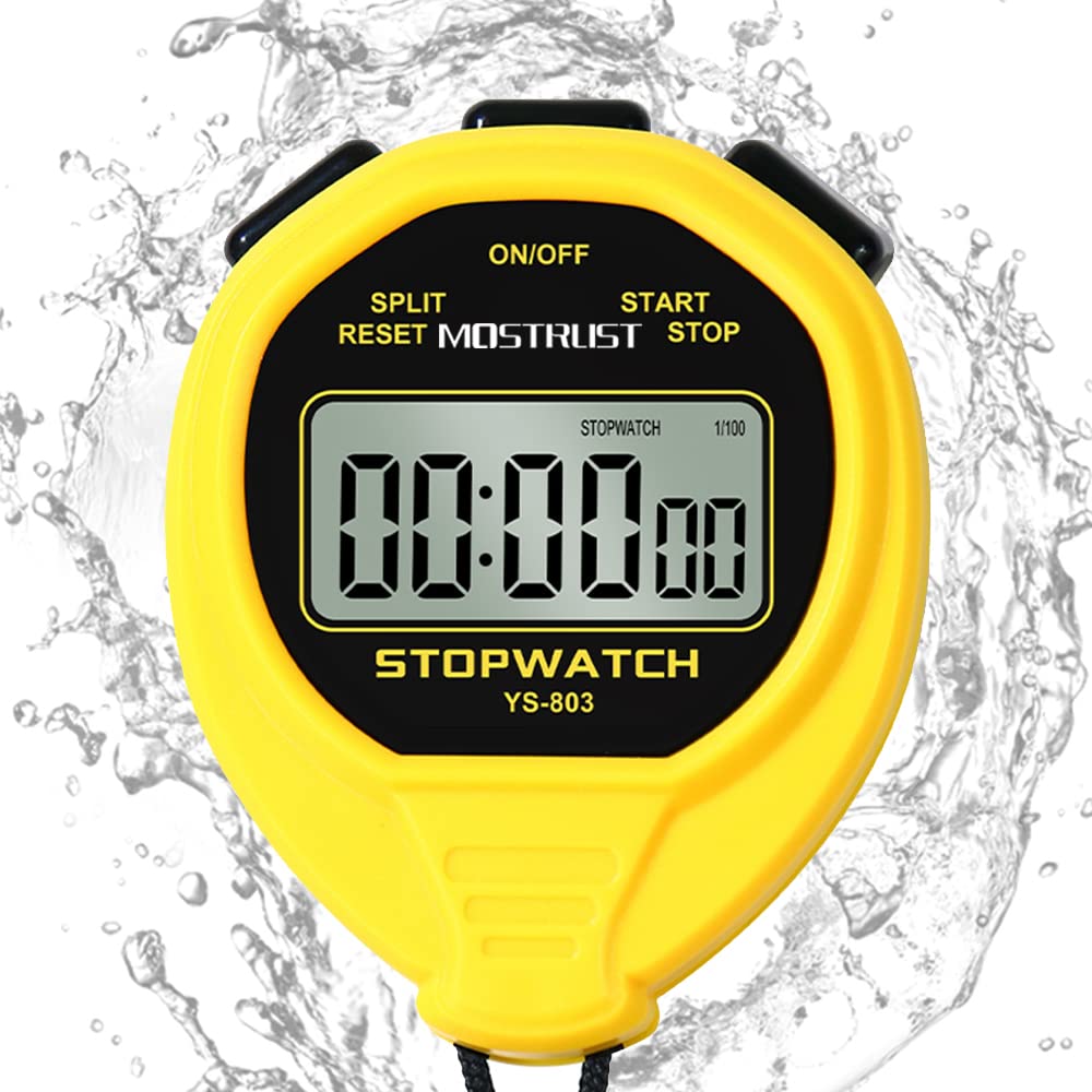 MOSTRUST Digital Waterproof Stopwatch, No Bells, No Clock, Simple Basic Operation, Silent, ON/Off, Large Display for Swimming Running Training Kids Coaches Referees Teachers (Yellow)