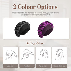 SWEET VIEW Silk Bonnet, Silk Hair Wrap for Sleeping, Soft and Comfortable Satin Sleep Cap, Black, Purple