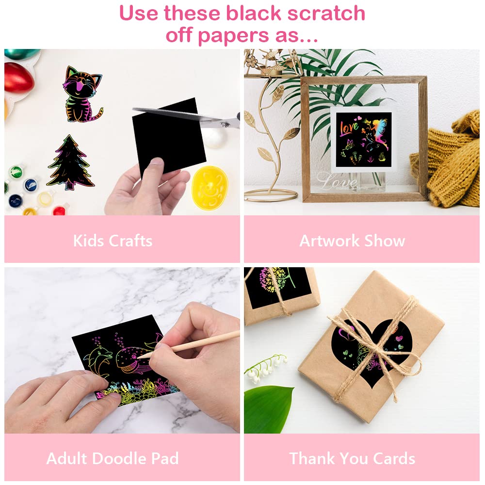 Vicloon Rainbow Scratch Art, 50Pcs Black Magic Scratch Art Notes Painting Boards Arts and Crafts for Kids with 4 Stencils 5 Wooden Stylus Birthday Gifts DIY Party Gift(8.5 * 8.5CM)