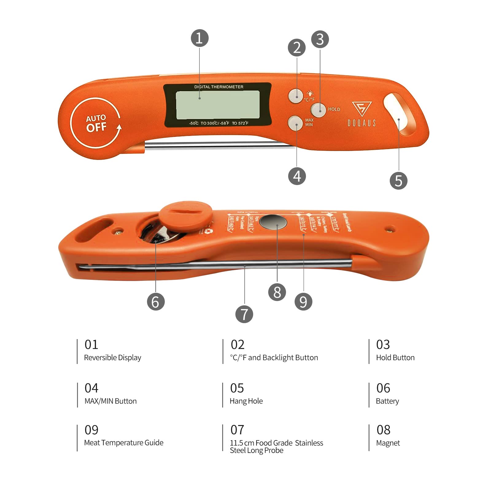 DOQAUS Food Thermometer, Instant Read Meat Thermometers, Digital Cooking Thermometer, Backlight LCD Screen Foldable Long Probe & Auto On/Off, Perfect for Kitchen Cooking, BBQ, Water,Meat, Milk(Orange)