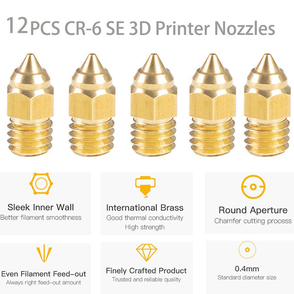 Creality 12PCS CR-6 SE, Ender 3 S1 3D Printer Nozzles, 3D Printer Parts Hotend 0.4 mm MK Brass Nozzles, Compatible with CR-6 SE, Ender-3 S1, Ender-3 S1 Pro, CR-10 Smart 1.75 mm Filament