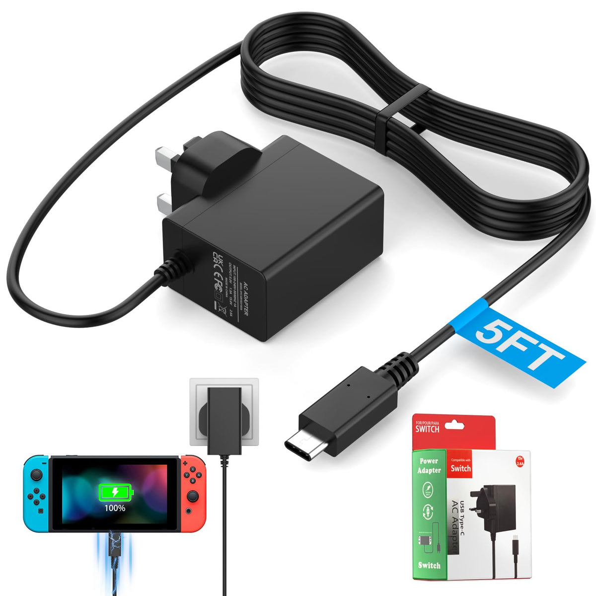 for Nintendo Switch Charger Cable Ac Power Adapter for Switch lite, Dock, OLED, Pro Controller UK Plug 15V 2.6A Fast Charging Support TV Mode