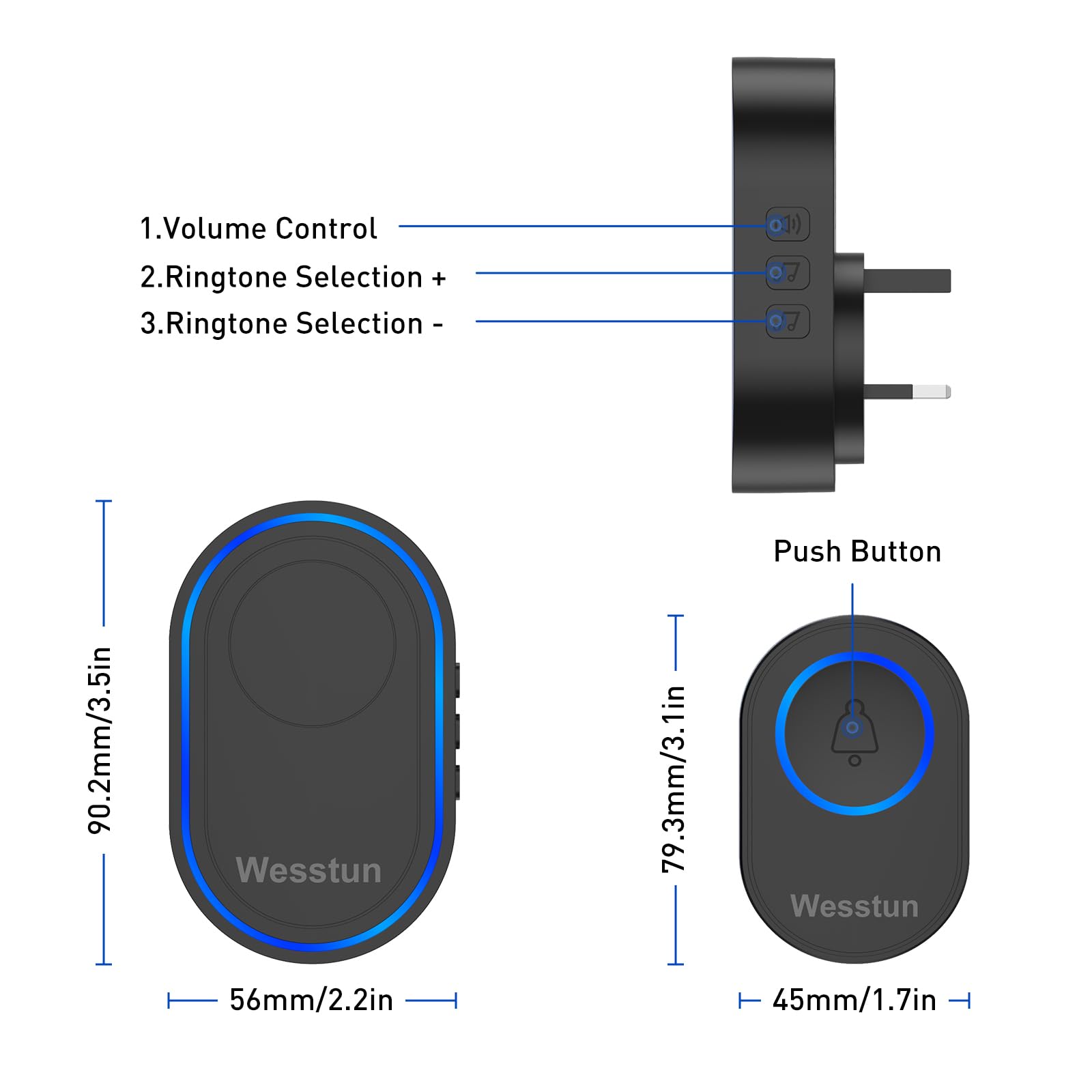 Wesstun Wireless Doorbell, IP67 Waterproof Plug in Doorbell Wireless Cordless at The Range of 300m with 39 Chimes, 5 Levels Volume Adjust & LED Indicator, Easy Install at Home & Apartment, Black