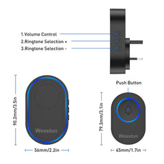 Wesstun Wireless Doorbell, IP67 Waterproof Plug in Doorbell Wireless Cordless at The Range of 300m with 39 Chimes, 5 Levels Volume Adjust & LED Indicator, Easy Install at Home & Apartment, Black