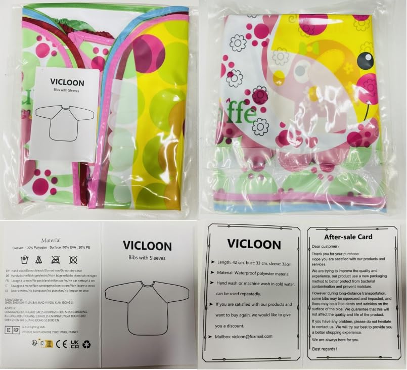 Vicloon Bibs with Sleeves, 4 Pcs Baby Waterproof Weaning Toddler Bib, Long Sleeve Bib Unisex Feeding Bibs Apron for Infant Toddler 6 Months to 3 Years Old